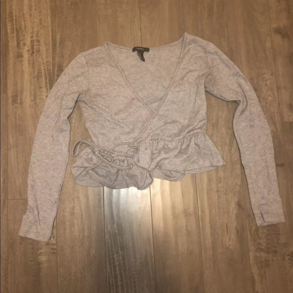 gray wrap tie sweater with ruffle bottom